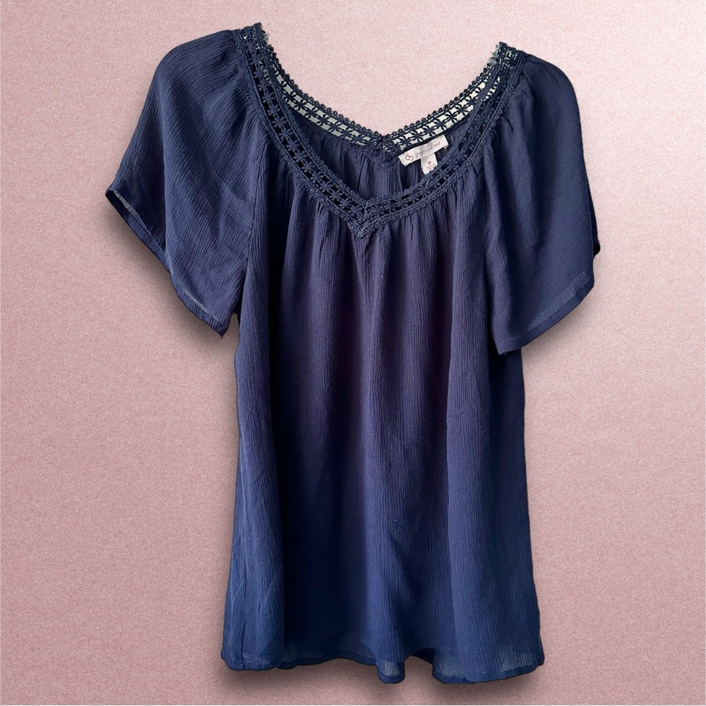 Navy Floral Crochet Double-V Neckline Short Flutter Sleeve Flowy Blouse - Medium